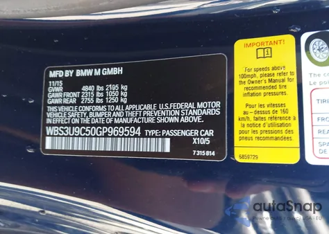 2016 BMW M4 from USA, damaged, VIN WBS3U9C50GP969594